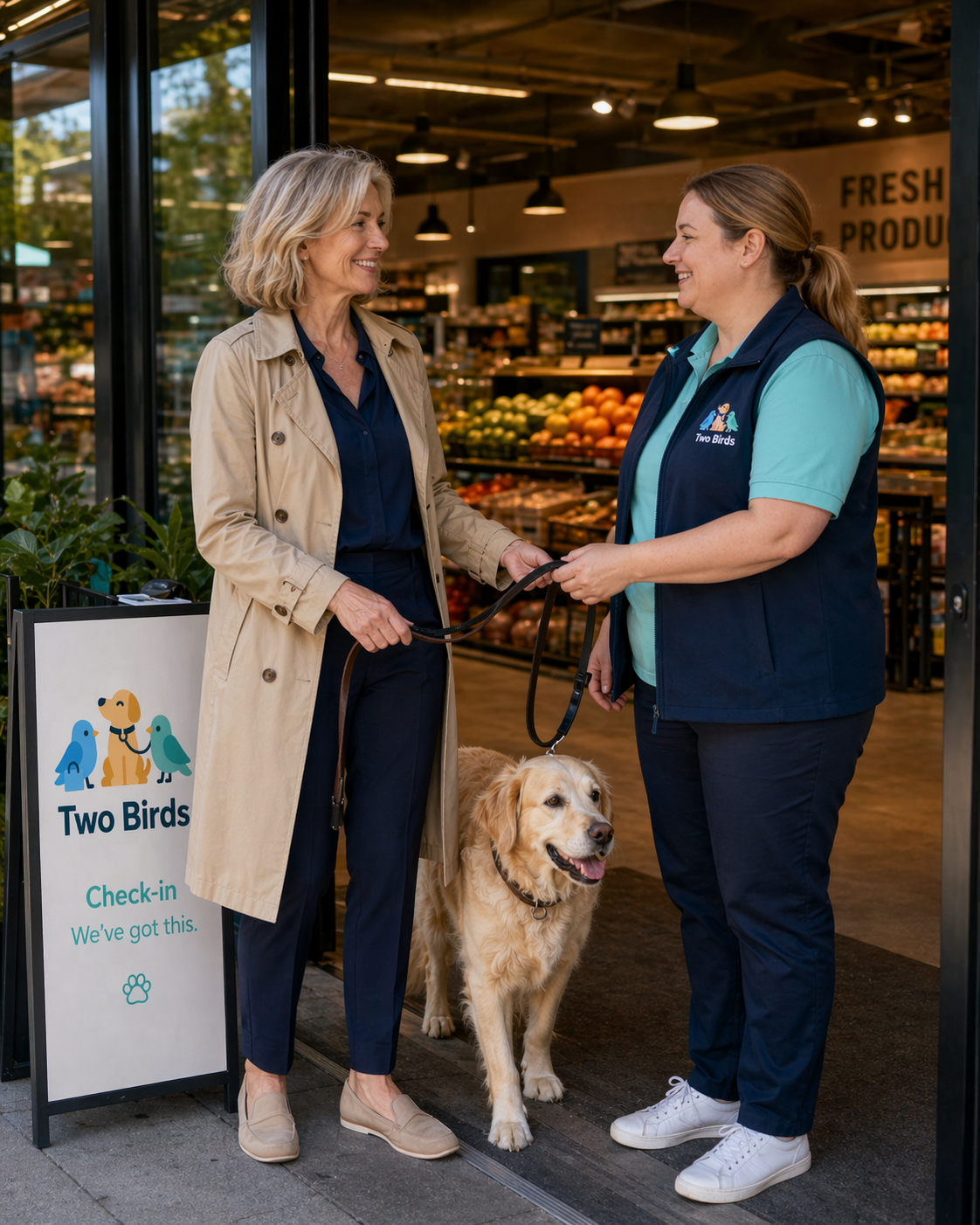 A Two Birds carer hands the lead back to a customer outside a supermarket